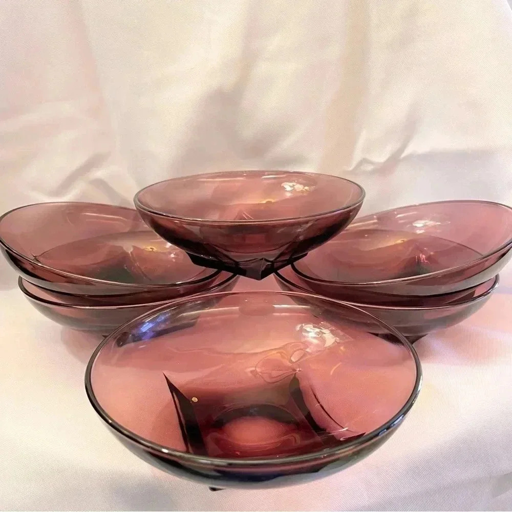 GORGEOUS Vintage Set of 6 Square Base Amethyst Purple Glass Salad Bowls